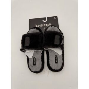 BEBE Girl's Size 2 Faux Fur Velcro Strap Slide-on Slippers Black/Gray NWT